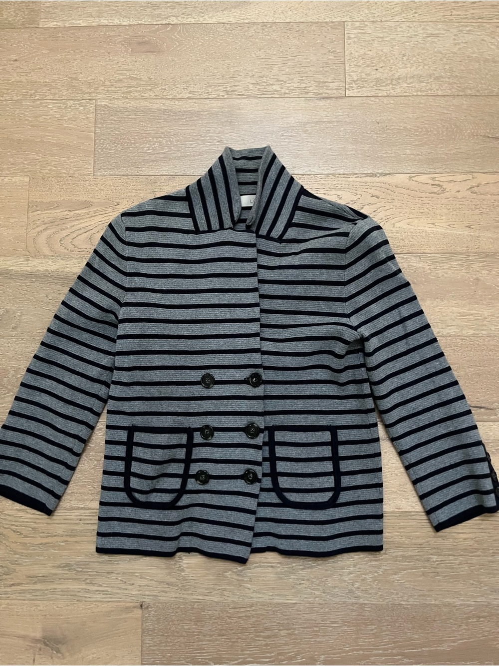 Loft Striped Gray & Black Double-Breasted Women's Sweater Cardigan